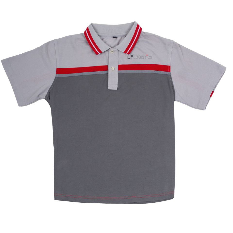 A grey two-tone corporate uniform polo with a red chest stripe, red-tipped collar and a small company logo.